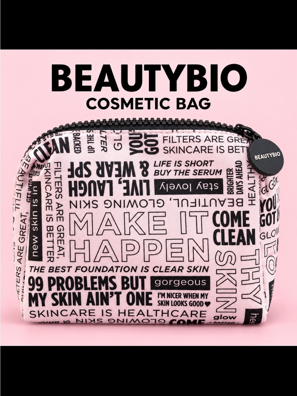 Pink and black Graphic Cosmetic Makeup Bag. Beautybio